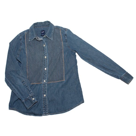GAP Women's Button Front Long Sleeve Denim Chambray Shirt Medium Blue - Picture 3 of 5